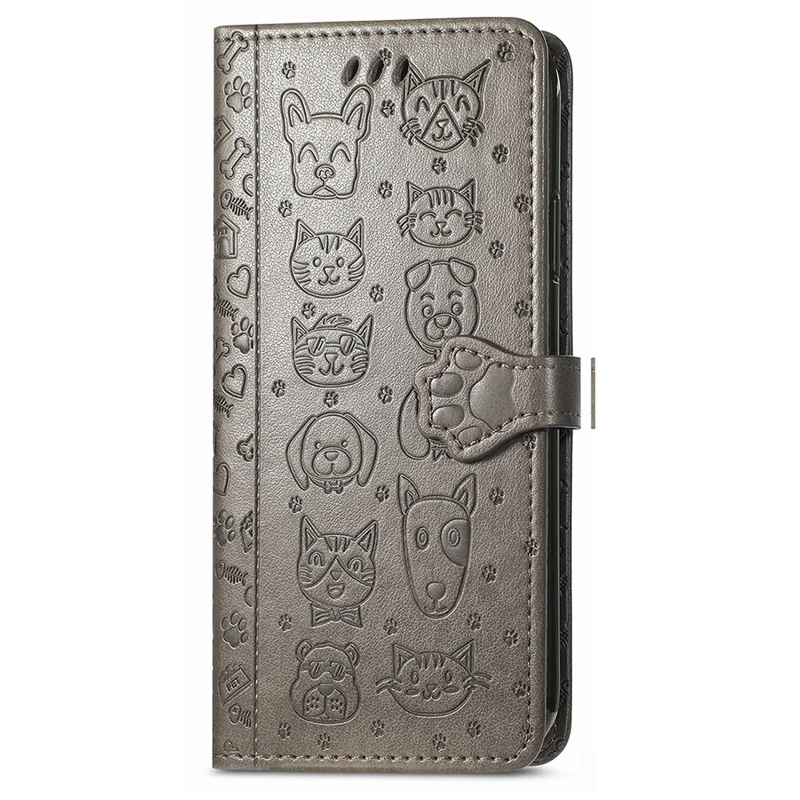 For Realme C75 4G Leather Wallet Case Flip Phone Cover with Cute Cat Dog Pattern - Grey