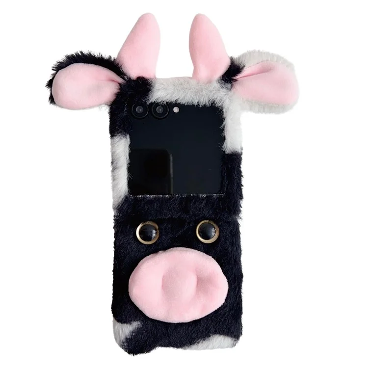 For Motorola Razr 50 5G / Razr 2024 5G Case Fluffy Cute Cow Winter Plush Inner TPU Phone Cover - Black