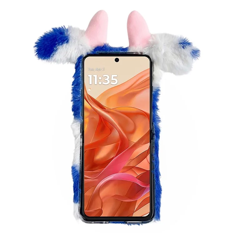 For Motorola Razr 50 5G / Razr 2024 5G Case Fluffy Cute Cow Winter Plush Inner TPU Phone Cover - Black