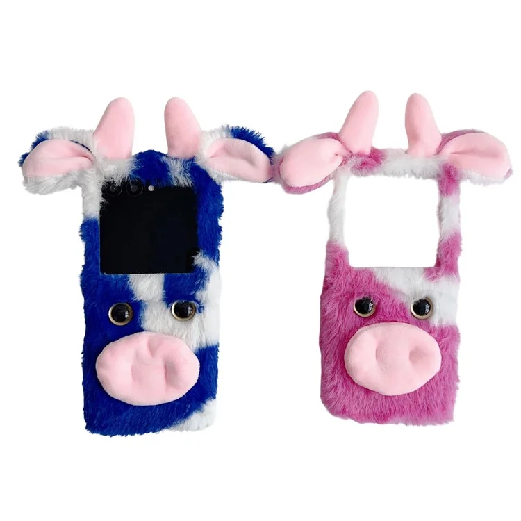 For Motorola Razr 50 5G / Razr 2024 5G Case Fluffy Cute Cow Winter Plush Inner TPU Phone Cover - Black