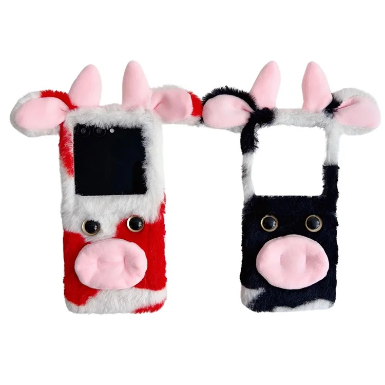 For Motorola Razr 50 5G / Razr 2024 5G Case Fluffy Cute Cow Winter Plush Inner TPU Phone Cover - Black