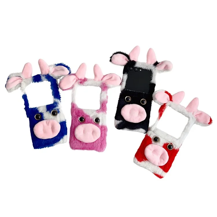 For Motorola Razr 50 5G / Razr 2024 5G Case Fluffy Cute Cow Winter Plush Inner TPU Phone Cover - Black