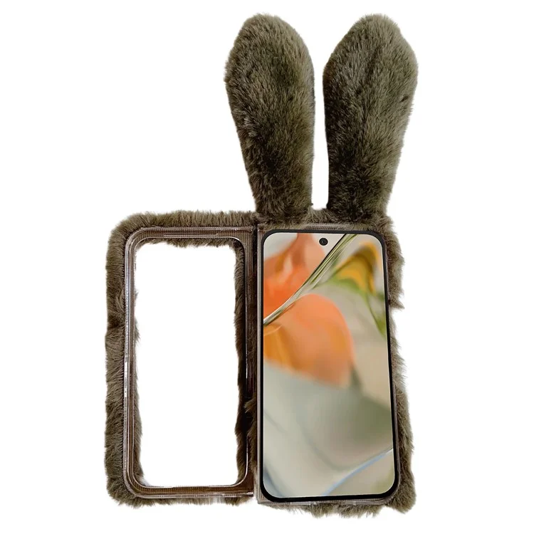 Étui Google Pixel 9 Pro Fold 5G Oreilles de Lapin Hiver Peluche Coque Rigide de Téléphone - Marron Foncé