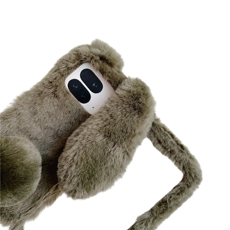 Étui Google Pixel 9 Pro Fold 5G Oreilles de Lapin Hiver Peluche Coque Rigide de Téléphone - Marron Foncé