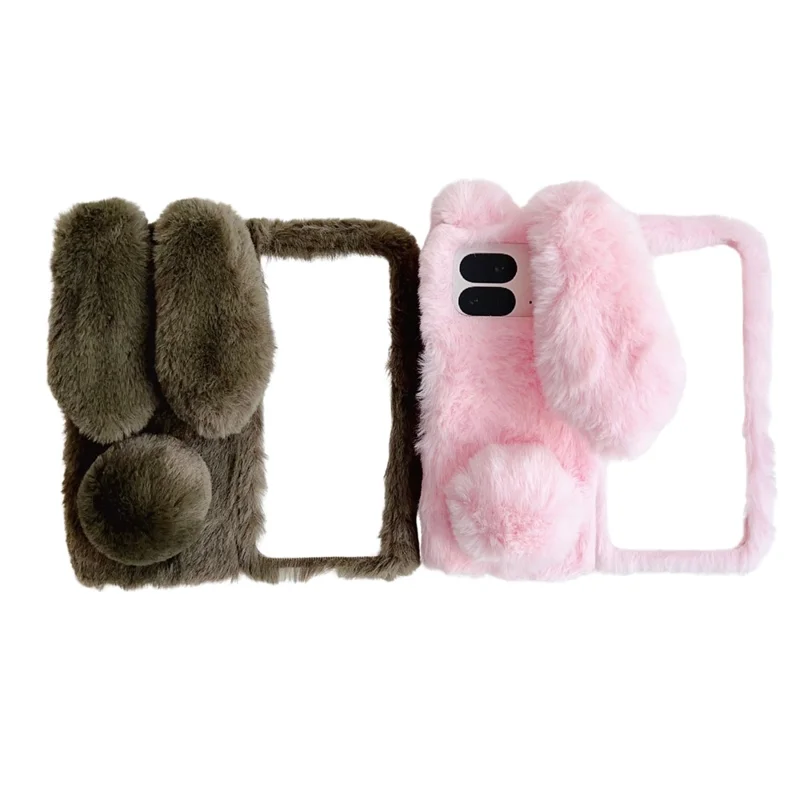 For Google Pixel 9 Pro Fold 5G Case Bunny Ears Winter Plush Hard PC Phone Cover - Pink