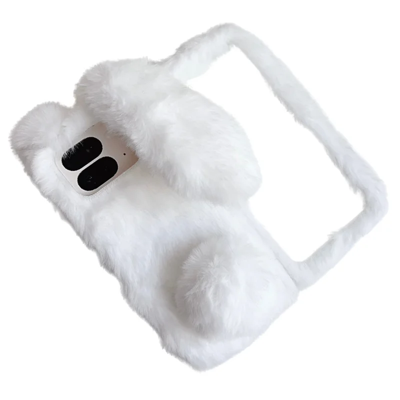 For Google Pixel 9 Pro Fold 5G Case Bunny Ears Winter Plush Hard PC Phone Cover - White