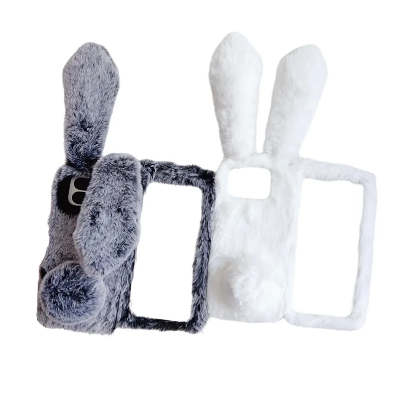 For Google Pixel 9 Pro Fold 5G Case Bunny Ears Winter Plush Hard PC Phone Cover - White