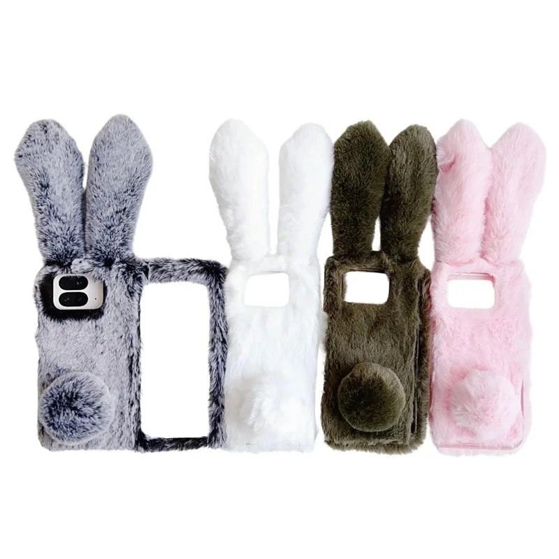 For Google Pixel 9 Pro Fold 5G Case Bunny Ears Winter Plush Hard PC Phone Cover - White