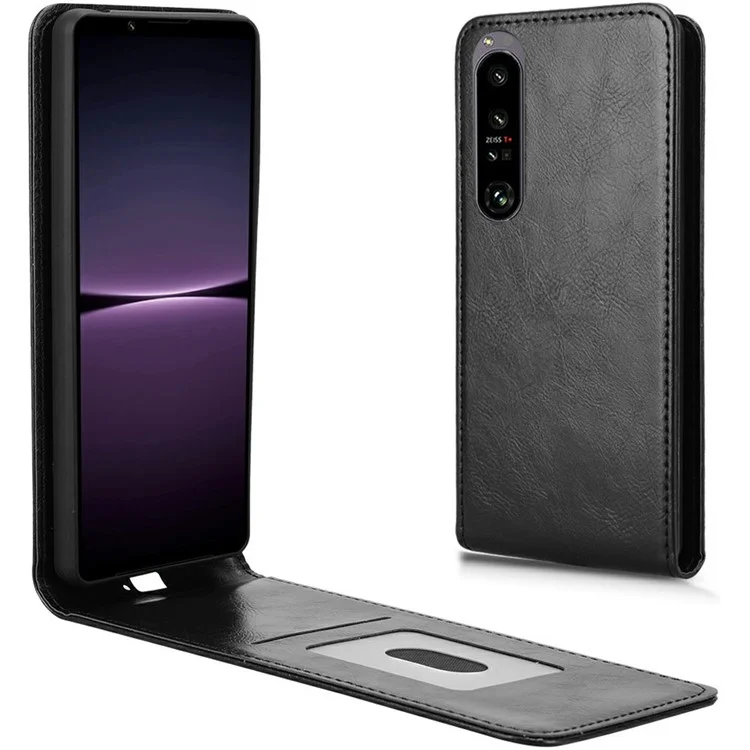 Für Sony Xperia 1 IV 5G Hülle mit Kartenfach, magnetischer vertikaler Klapphülle aus Leder - Schwarz