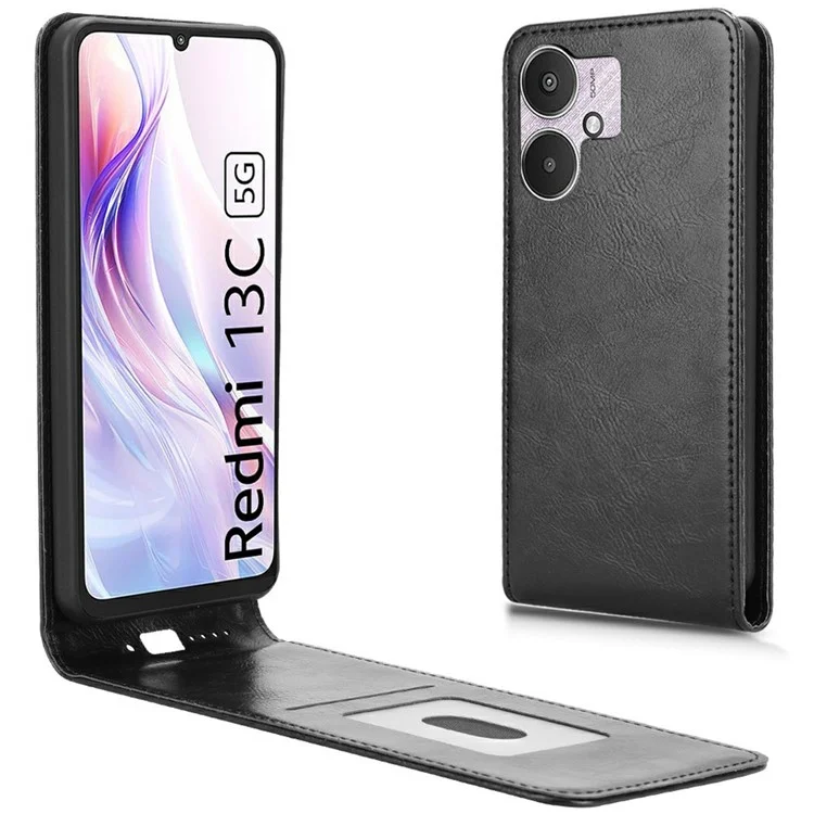 Funda de cuero para Xiaomi Redmi 13C 5G / 4G / 13R 5G / Poco C65 4G / Poco M6 5G Tapa de teléfono vertical magnética con ranura para tarjeta - Negro