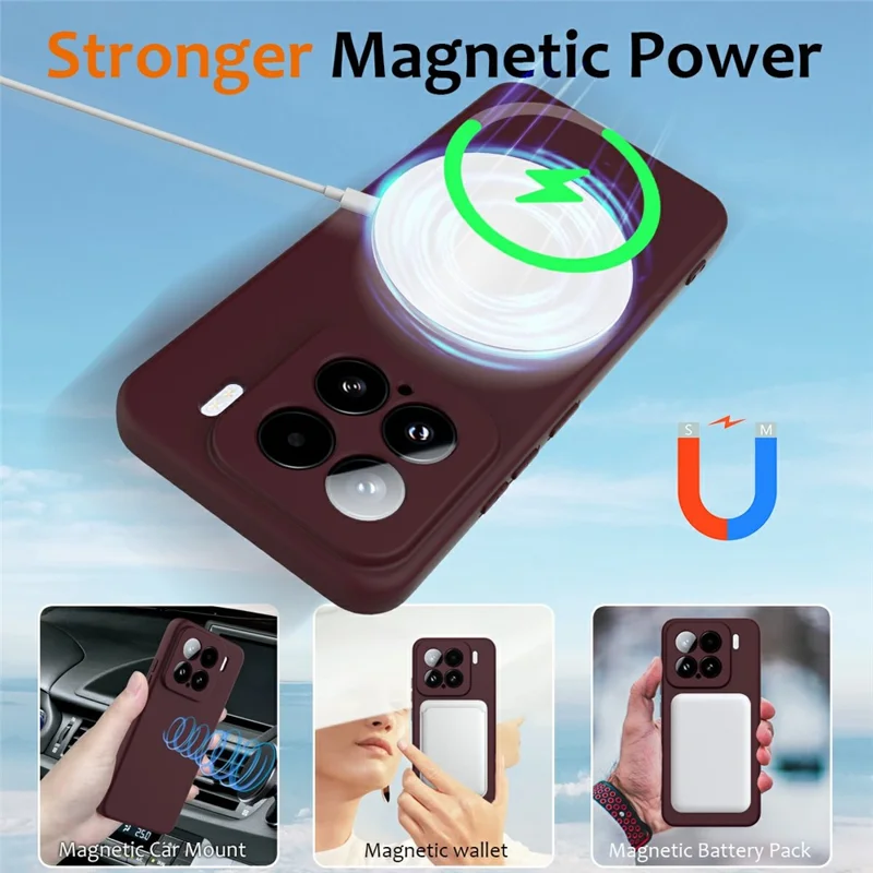 For Xiaomi 15 Magnetic Case Liquid Silicone Phone Cover with Lanyard - Wine Red