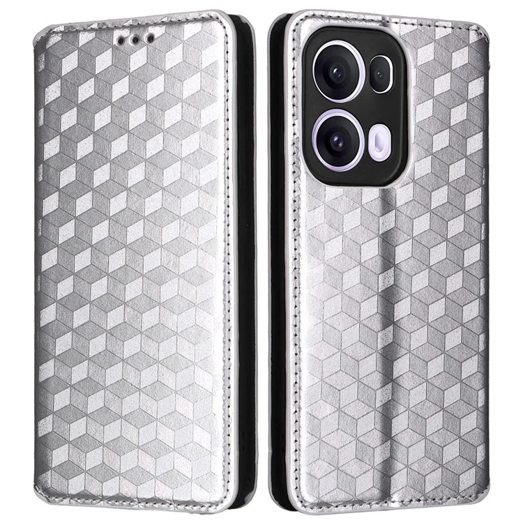 Custodia portafoglio per Oppo Reno13 Pro 5G, in pelle con motivo a rombi impresso - Argento