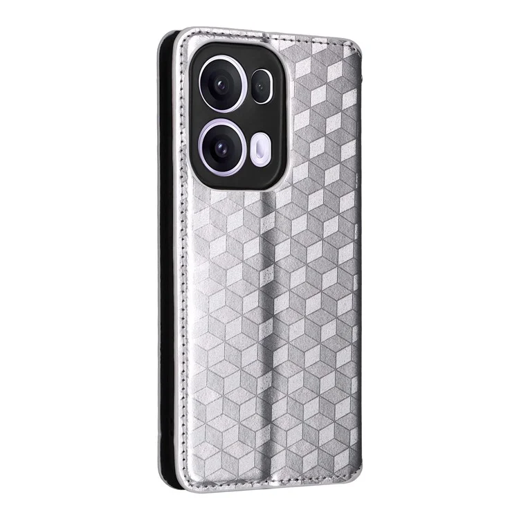 Custodia portafoglio per Oppo Reno13 Pro 5G, in pelle con motivo a rombi impresso - Argento