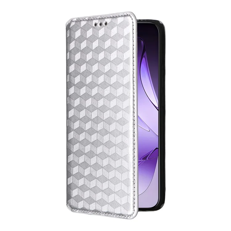 Custodia portafoglio per Oppo Reno13 Pro 5G, in pelle con motivo a rombi impresso - Argento