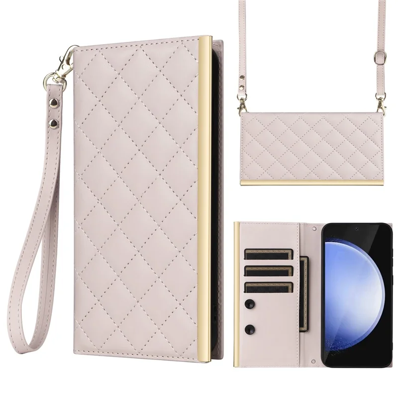For Samsung Galaxy S24 FE Case Suction Cup PU Leather Wallet Phone Cover with Straps - Beige