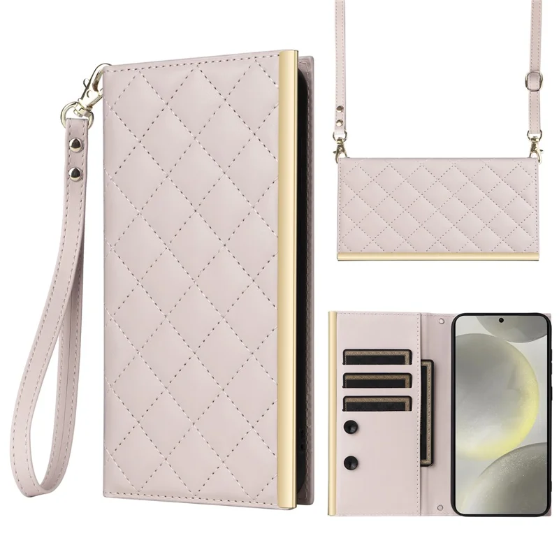 For Samsung Galaxy S25 Case Suction Cup PU Leather Wallet Phone Cover with Straps - Beige