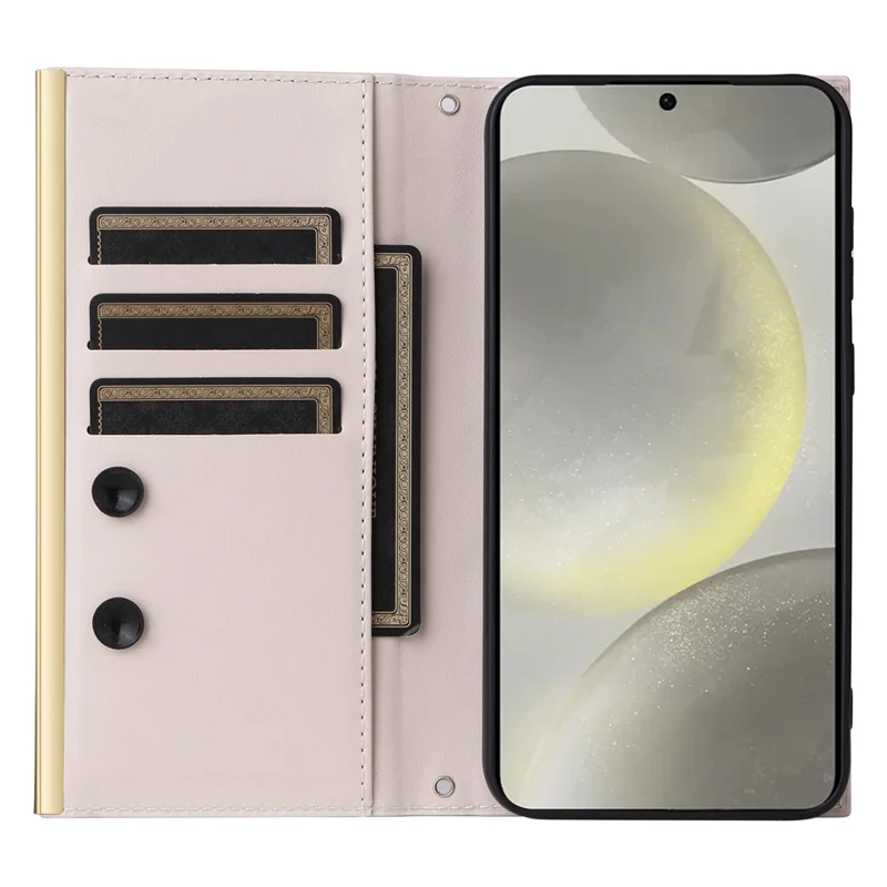 For Samsung Galaxy S25 Case Suction Cup PU Leather Wallet Phone Cover with Straps - Beige