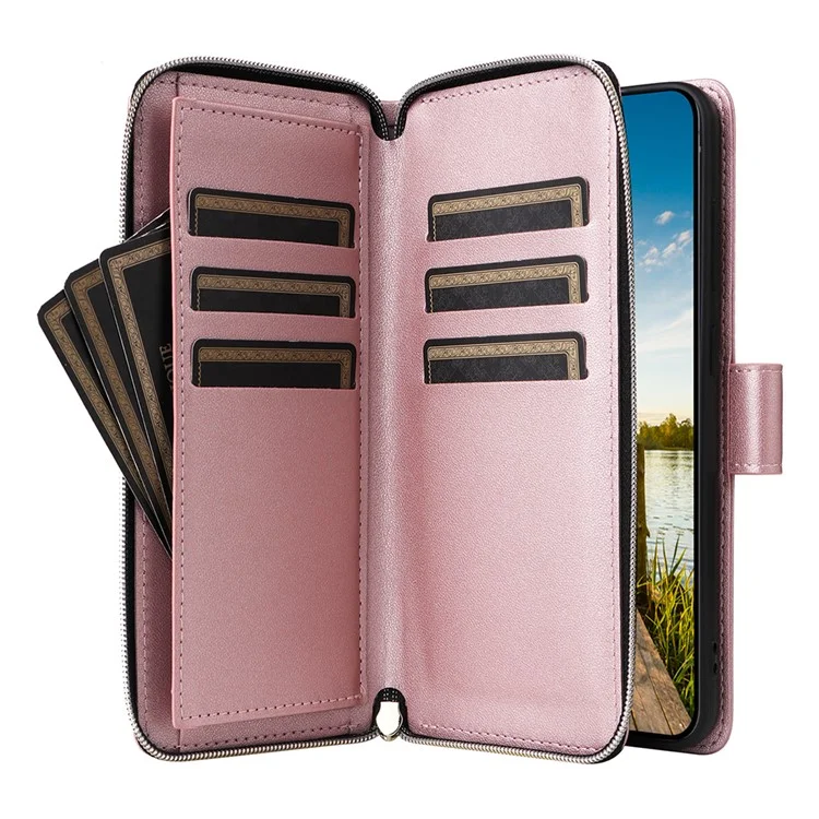 Für Samsung Galaxy A26 5G Hülle Reißverschlusstaschen PU-Leder Hülle mit 9 Kartenschlitzen - Roségold