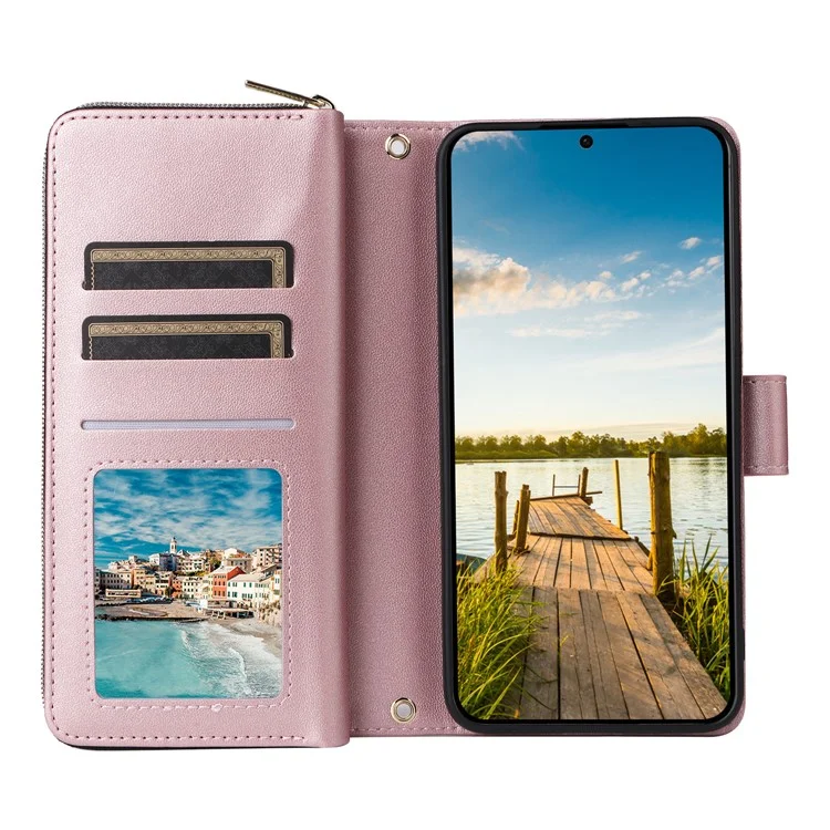 Für Samsung Galaxy A26 5G Hülle Reißverschlusstaschen PU-Leder Hülle mit 9 Kartenschlitzen - Roségold