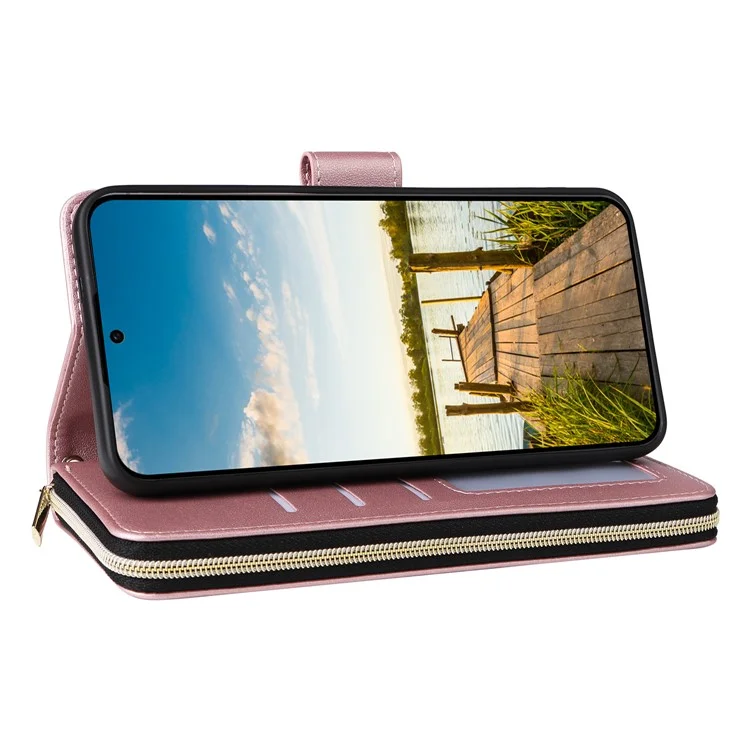 Für Samsung Galaxy A26 5G Hülle Reißverschlusstaschen PU-Leder Hülle mit 9 Kartenschlitzen - Roségold