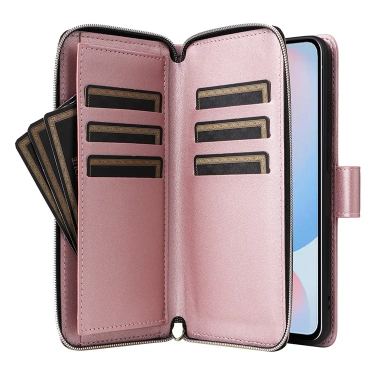 Für Samsung Galaxy A56 5G Hülle Reißverschlusstaschen PU-Leder Cover mit 9 Kartenfächern - Roségold
