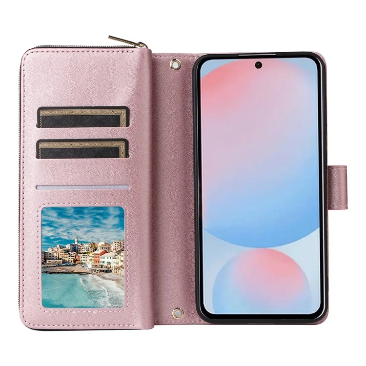 Für Samsung Galaxy A56 5G Hülle Reißverschlusstaschen PU-Leder Cover mit 9 Kartenfächern - Roségold