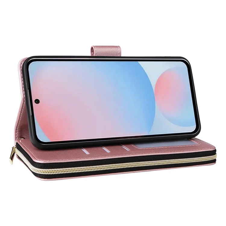 Für Samsung Galaxy A56 5G Hülle Reißverschlusstaschen PU-Leder Cover mit 9 Kartenfächern - Roségold