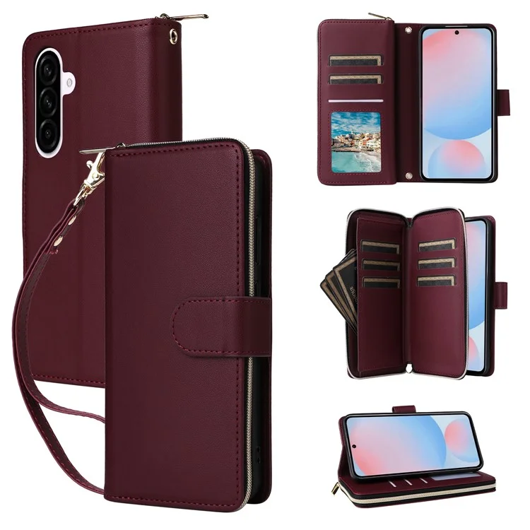For Samsung Galaxy A56 5G Case Zipper Pocket PU Leather Cover with 9 Card Slots - Wine Red