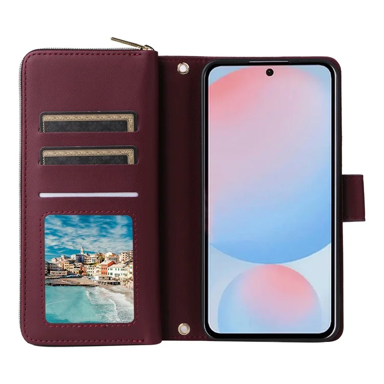 For Samsung Galaxy A56 5G Case Zipper Pocket PU Leather Cover with 9 Card Slots - Wine Red