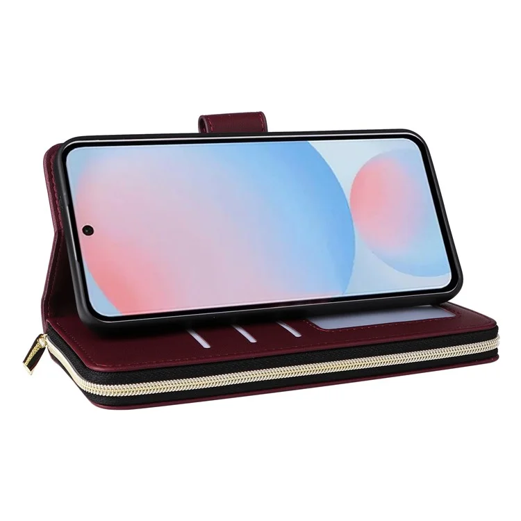 For Samsung Galaxy A56 5G Case Zipper Pocket PU Leather Cover with 9 Card Slots - Wine Red