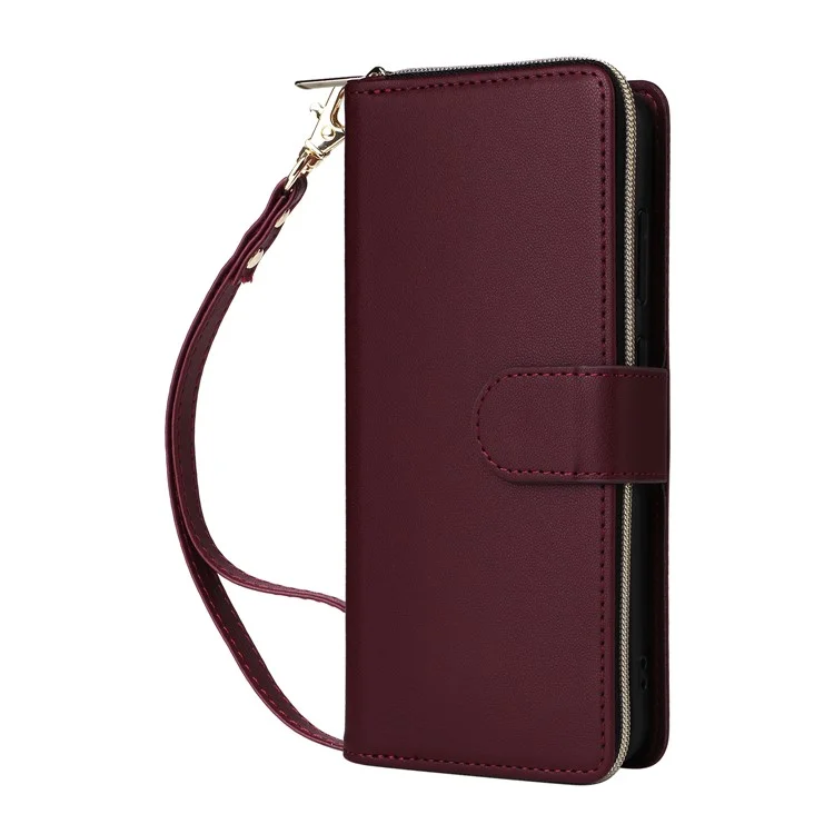 For Samsung Galaxy A56 5G Case Zipper Pocket PU Leather Cover with 9 Card Slots - Wine Red