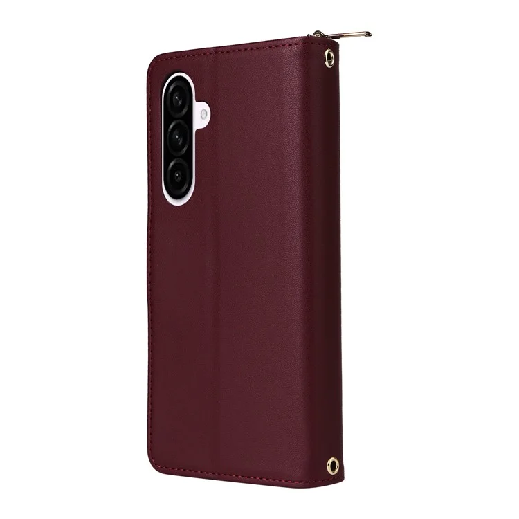 For Samsung Galaxy A56 5G Case Zipper Pocket PU Leather Cover with 9 Card Slots - Wine Red
