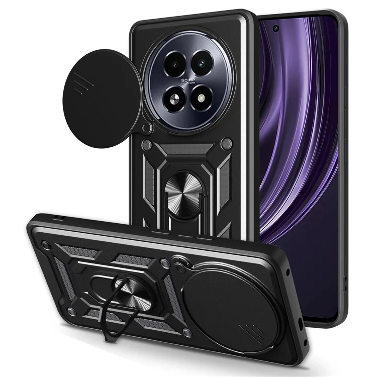 Funda para Realme 13+ 5G con tapa deslizante de cámara PC + TPU, soporte para teléfono - Negro