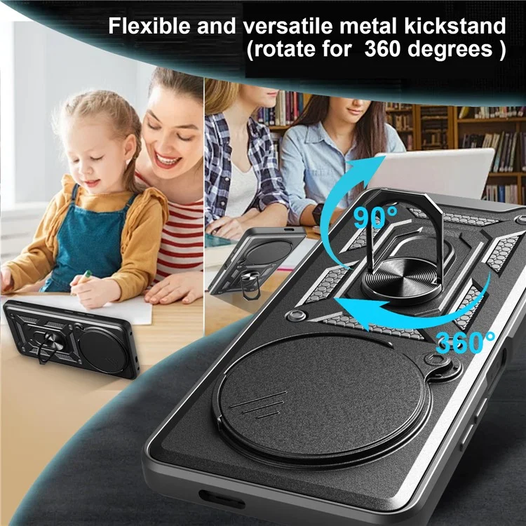 Funda para Realme 13+ 5G con tapa deslizante de cámara PC + TPU, soporte para teléfono - Negro