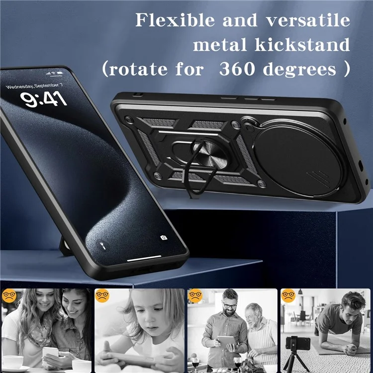 Funda para Realme 13+ 5G con tapa deslizante de cámara PC + TPU, soporte para teléfono - Negro