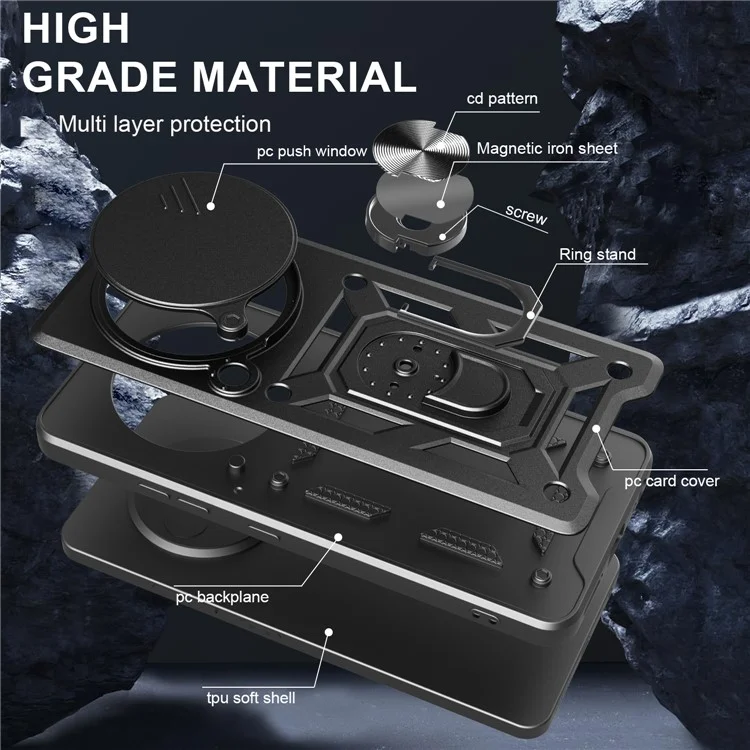 Funda para Realme 13+ 5G con tapa deslizante de cámara PC + TPU, soporte para teléfono - Negro