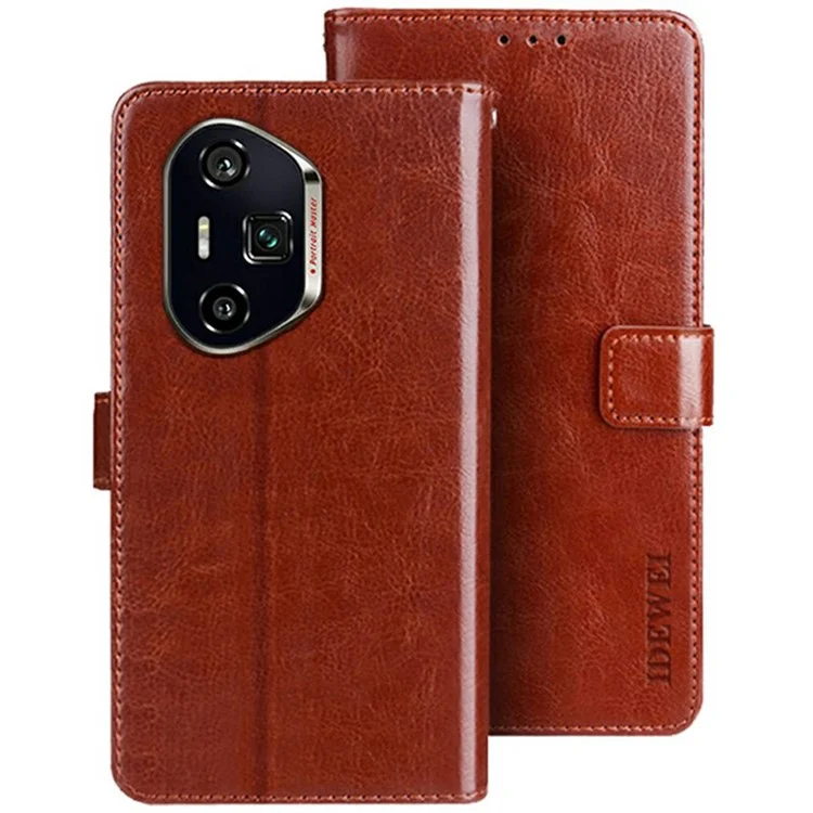 Étui de protection IDEWEI For Honor 300 Ultra Stand en cuir texture cheval fou - Marron