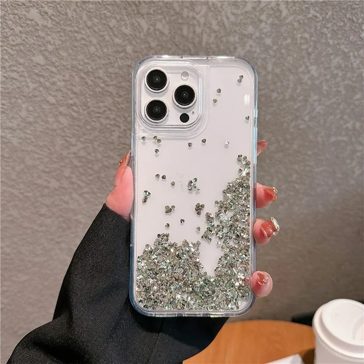 Чехол для iPhone 16 Pro Max с блестящими стразами, жидкими песками, ТПУ + ПК, защитный чехол - серебристый
