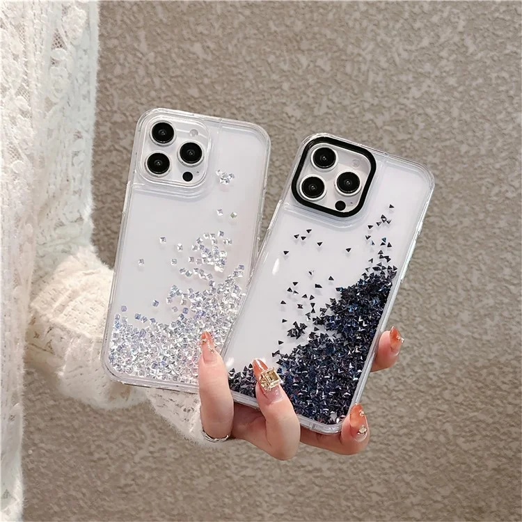 Для iPhone 15 Pro Чехол Bling Rhinestone Quicksand TPU + PC Защитная крышка - Черный