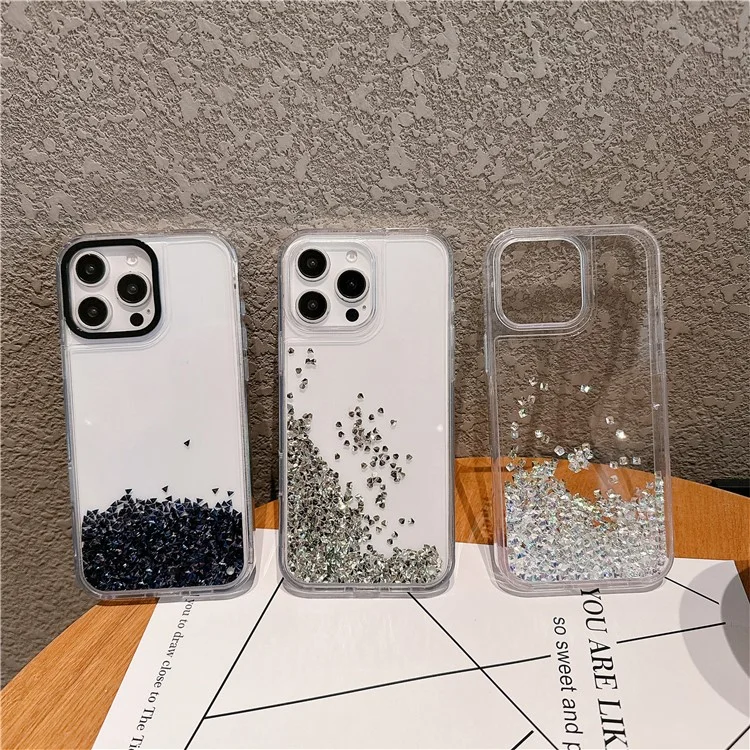 Для iPhone 15 Pro Чехол Bling Rhinestone Quicksand TPU + PC Защитная крышка - Черный