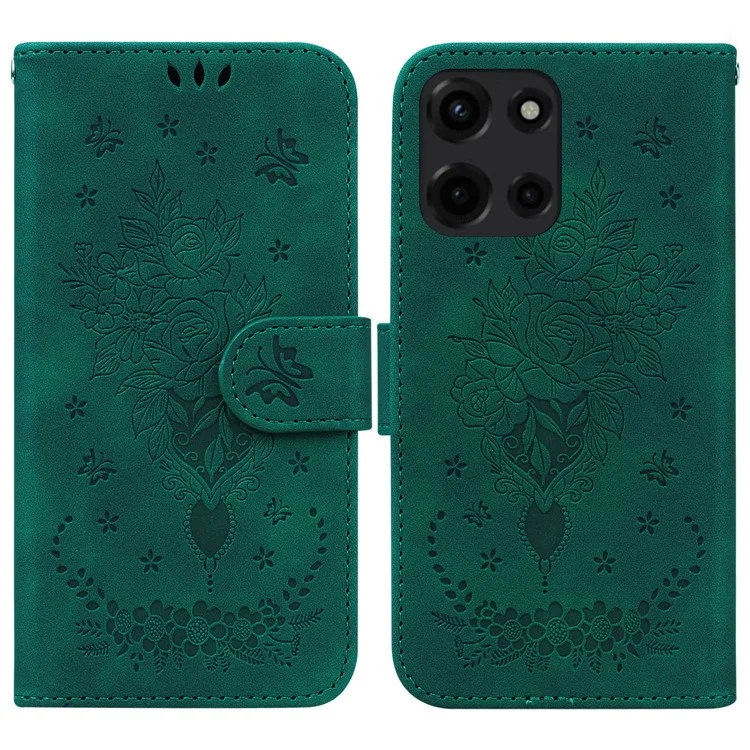 Für Motorola Moto G 5G (2025) Hülle PU-Leder Brieftasche Telefonabdeckung Schmetterlings-Blumen-Prägung - Grün