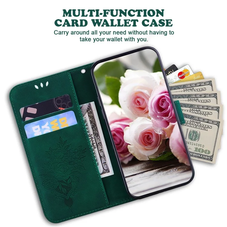 Für Motorola Moto G 5G (2025) Hülle PU-Leder Brieftasche Telefonabdeckung Schmetterlings-Blumen-Prägung - Grün