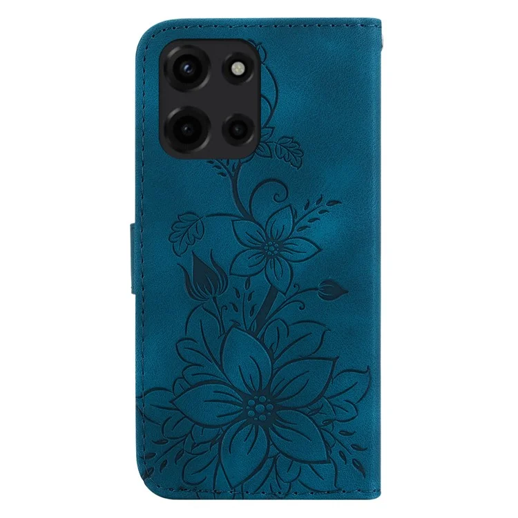 Für Motorola Moto G 5G (2025) Hülle Lilien-Blume-Prägung Leder-Telefonabdeckung mit Ständer - Dunkelblau