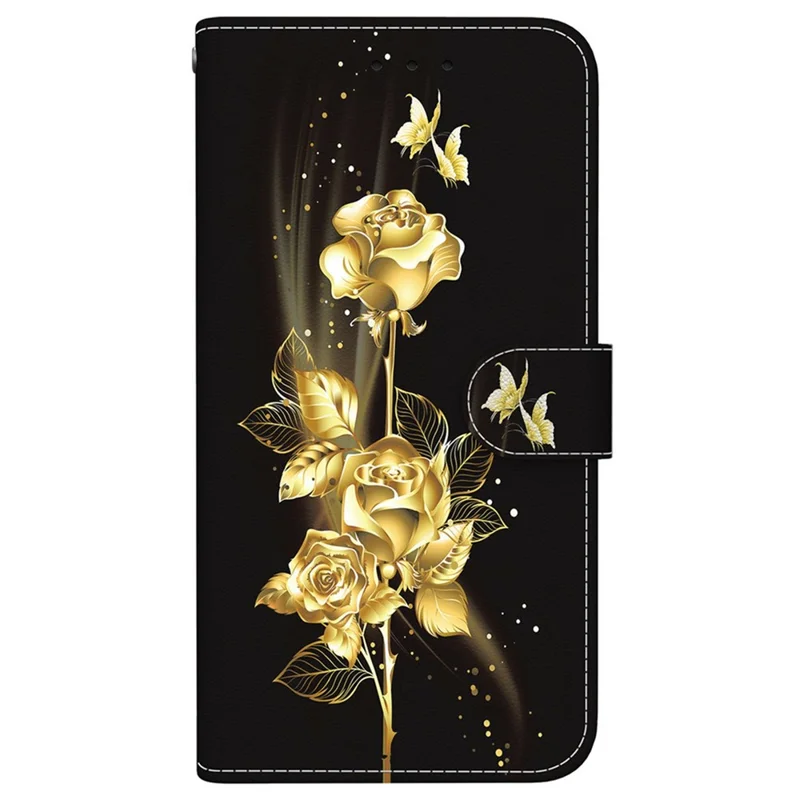 For Motorola Moto G 5G (2025) Wallet Phone Case Anti-Drop Leather Flip Cover Pattern Printing - Gold Butterfly Rose