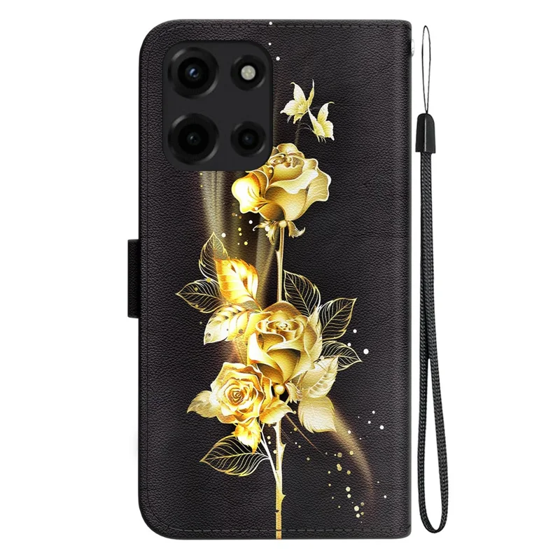 For Motorola Moto G 5G (2025) Wallet Phone Case Anti-Drop Leather Flip Cover Pattern Printing - Gold Butterfly Rose