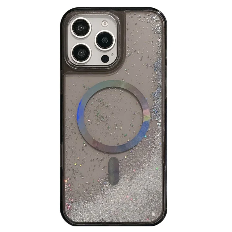 Чехол для iPhone 15 Pro Max совместимый с MagSafe, электропокрытый, с жидким песком, ПК + ТПУ - черный