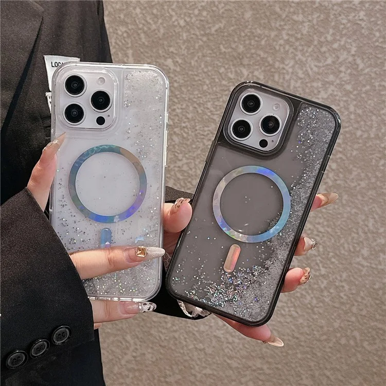 Чехол для iPhone 15 Pro Max совместимый с MagSafe, электропокрытый, с жидким песком, ПК + ТПУ - черный