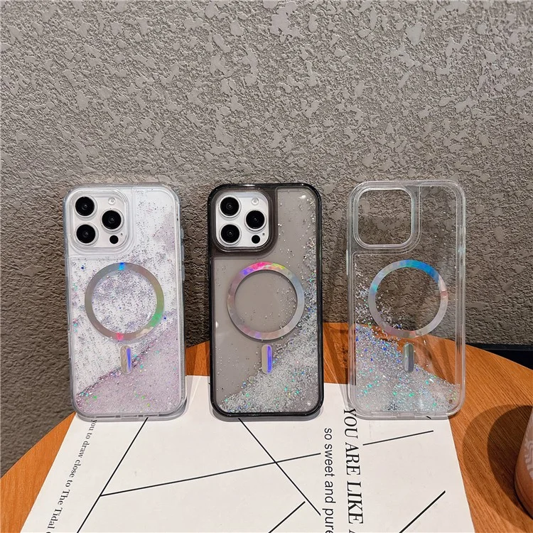 Чехол для iPhone 15 Pro Max совместимый с MagSafe, электропокрытый, с жидким песком, ПК + ТПУ - черный