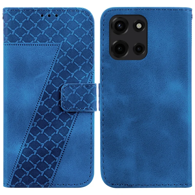For Motorola Moto G Power (2025) Stand Case 7-Shaped Pattern Imprint Leather Phone Cover - Dark Blue