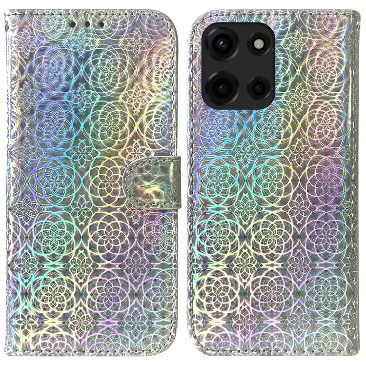 Für Motorola Moto G Power (2025) Ständerfall Funkelnde Blumen Lederhandy-Abdeckung - Grau